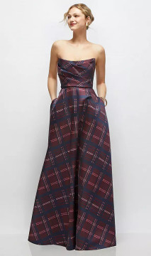 Strapless Draped Tartan Cat-Eye Satin Maxi Dress with Full Skirt in Cabernet Midnight Tartan 3171
