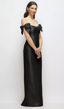 Basque-Neck Satin Column Maxi Dress with Off-the-Shoulder Bows D883 in 33 colors