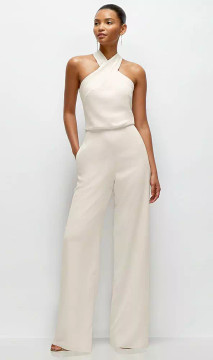 Pleated Halter Blouson Crepe Wedding Jumpsuit with Self-Tie Bow Back by After Six -  Lore · Style 6907 in 29 colors