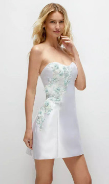 Bellflower Strapless Satin Little White Mini Dress with Cascading Pearl Flower Detail in White
