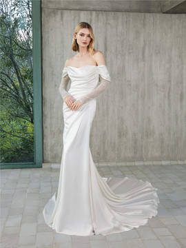 Viviama Mermaid Off the Shoulder Satin / Crepe Wedding Dress by Pronovias