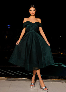 Gabriela Dress JX4003 by Jadore Evening Off the Shoulder Flared A Line Midi Length Mesh Cocktail Dress 