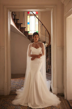 Reverie Asymmetric Crepe Wedding Dress by Luce Sposa (online only) (optional cape)