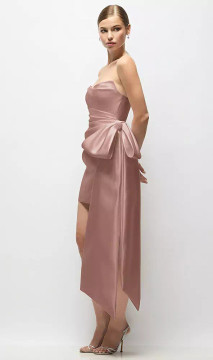 Strapless Pleated Draped Satin Mini Dress with Dramatic Long Tail Bow & Covered Buttons by Dessy -  Paige · Style 3193