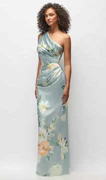One-Shoulder Draped Bodice Painterly Floral Stretch Satin Column After Six Malin · Style 6927PFC