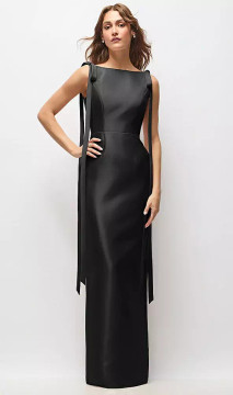 Bateau Neck Satin Column Maxi Dress with Exaggerated Tail Bow Straps by Alfred Sung -   Lilibet · Style D890