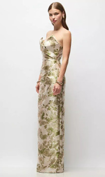 Strapless Asymmetrical Draped Abstract Floral Jacquard Column Maxi Dress by Alfred Sung - Rebecca · Style D886AFJ