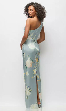 One-Shoulder Draped Bodice Painterly Floral Stretch Satin Column After Six Malin · Style 6927PFC
