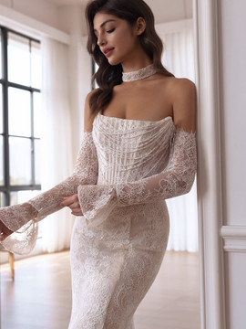 Crimson Bateau-Neck Mermaid Basque Waist Wedding Dress (online only)
