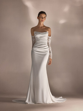 Indigo Mermaid Crepe Wedding Dress with Lace Sleeves 