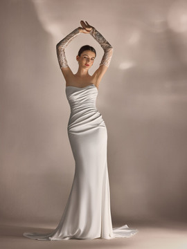 Indigo Mermaid Crepe Wedding Dress with Lace Sleeves 