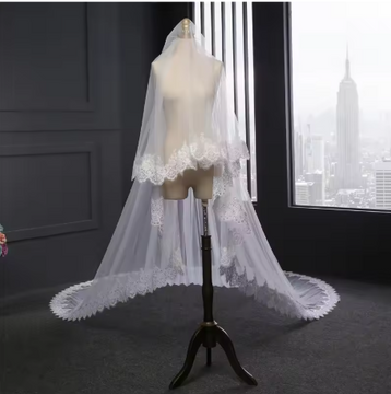 2 Layers with Blusher Corded  Sequinned Lace Edge Bridal Cathedral Veil