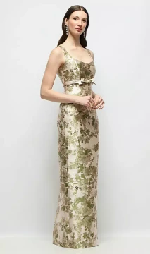 Scoop Neck Floral Satin Column Maxi Dress with Bow at Empire Waist by Alfred Sung -   Gwyneth · Style D893AFJ in Abstract Floral Jacquard
