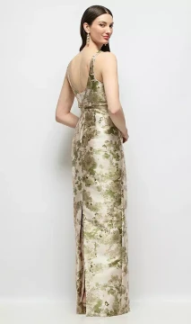 Scoop Neck Floral Satin Column Maxi Dress with Bow at Empire Waist by Alfred Sung -   Gwyneth · Style D893AFJ in Abstract Floral Jacquard