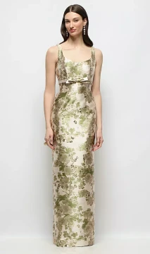 Scoop Neck Floral Satin Column Maxi Dress with Bow at Empire Waist by Alfred Sung -   Gwyneth · Style D893AFJ in Abstract Floral Jacquard