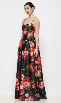 Scoop Neck Drop Basque Skirt Fleur de Villes Satin Maxi Dress with Pockets in Wine Black Multi