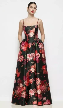Scoop Neck Drop Basque Skirt Fleur de Villes Satin Maxi Dress with Pockets in Wine Black Multi