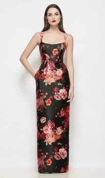 Shaped Strap Basque Neck Fleur de Villes Satin Maxi Dress with Column Skirt in Wine Black Multi
