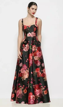 Shaped Strap Basque Neck Fleur de Villes Satin Maxi Dress with Pleated Skirt in Wine Black Multi