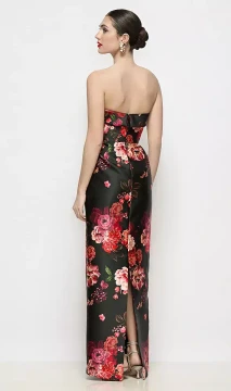 Strapless Cuff Neck Fleur de Villes Satin Maxi Dress with Column Skirt in Wine Black Multi