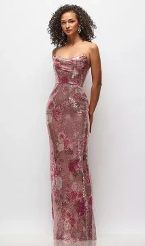 Draped Cowl Cat-Eye Neck Stretch Sequin Column Maxi Dress in Rose Bloom