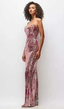 Draped Cowl Cat-Eye Neck Stretch Sequin Column Maxi Dress in Rose Bloom
