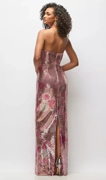 Draped Cowl Cat-Eye Neck Stretch Sequin Column Maxi Dress in Rose Bloom