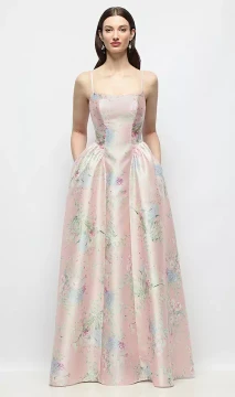 Scoop Neck Drop Basque Skirt Esme Floral Satin Maxi Dress with Pockets in Esme Floral