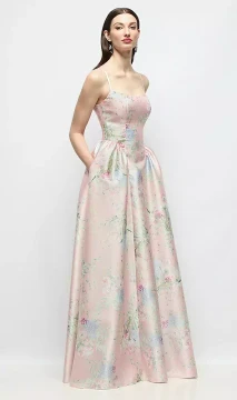 Scoop Neck Drop Basque Skirt Esme Floral Satin Maxi Dress with Pockets in Esme Floral