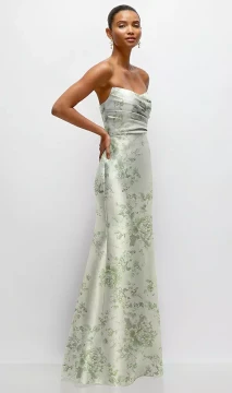 Strapless Cat-Eye Draped Bodice Floral Satin Trumpet Dress in Sage Cottage Rose