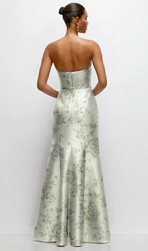 Strapless Cat-Eye Draped Bodice Floral Satin Trumpet Dress in Sage Cottage Rose