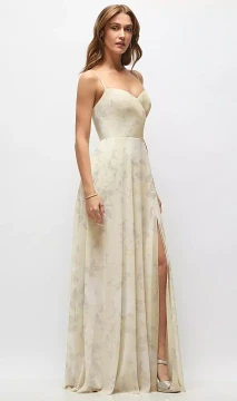 Wrap Bodice Floral Chiffon Maxi Dress with Adjustable Spaghetti Straps in Butter Yellow Floral