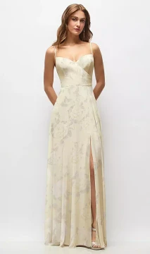 Wrap Bodice Floral Chiffon Maxi Dress with Adjustable Spaghetti Straps in Butter Yellow Floral