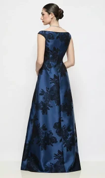 Off-the-Shoulder Pleated Crossover Flocked Floral Satin A-Line Maxi Dress in Soft Navy / Black