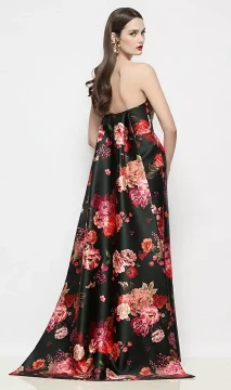 Strapless Fleur de Ville Satin Column Dress with Removable Watteau Train in Wine Black Multi D876FDV