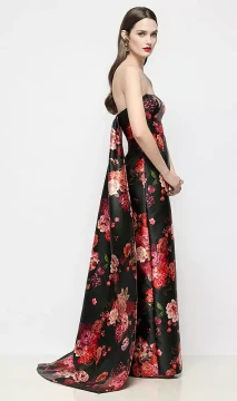 Strapless Fleur de Ville Satin Column Dress with Removable Watteau Train in Wine Black Multi D876FDV