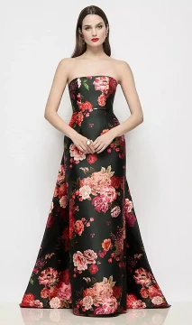 Strapless Fleur de Ville Satin Column Dress with Removable Watteau Train in Wine Black Multi D876FDV