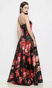 Strapless Bias Cuff Bodice Fleur de Ville Floral Satin Dress by Alfred Sung Sara · Style D843FDV