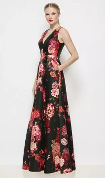 Sleeveless V-neck Fleur de Villes Satin Maxi Dress with Pleated Skirt by Alfred Sung Nellie · Style D899FDV