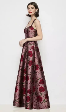 Shaped Strap Basque Neck Wild Rose Brocade Maxi Dress with Pleated Skirt by Alfred Sung Lyssa · Style D898WRB