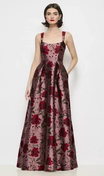 Shaped Strap Basque Neck Wild Rose Brocade Maxi Dress with Pleated Skirt by Alfred Sung Lyssa · Style D898WRB