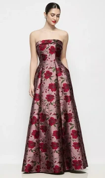 Strapless Bias Cuff Bodice Wild Rose Brocade Dress in Wild Rose by Alfred SungSara · Style D843WRB