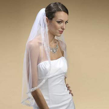 Rhinestone Edge Mantilla Wedding Veil with Floral Appliquè