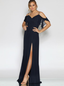 Savannah Dress By Les Demoiselle LD1100 V Neck Cold Shoulder Flutter Sleeve Full Length Chiffon Gown