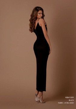 Dela Dress By Les Demoiselle LD1097 V Neck Spaghetti Strap Ruched Long Gown with High Front Split