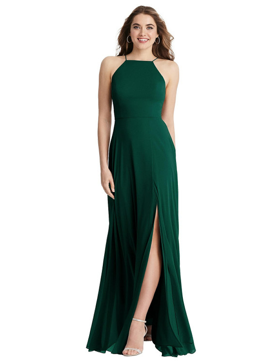 Lela - High Neck Chiffon Maxi Dress with Front Slit