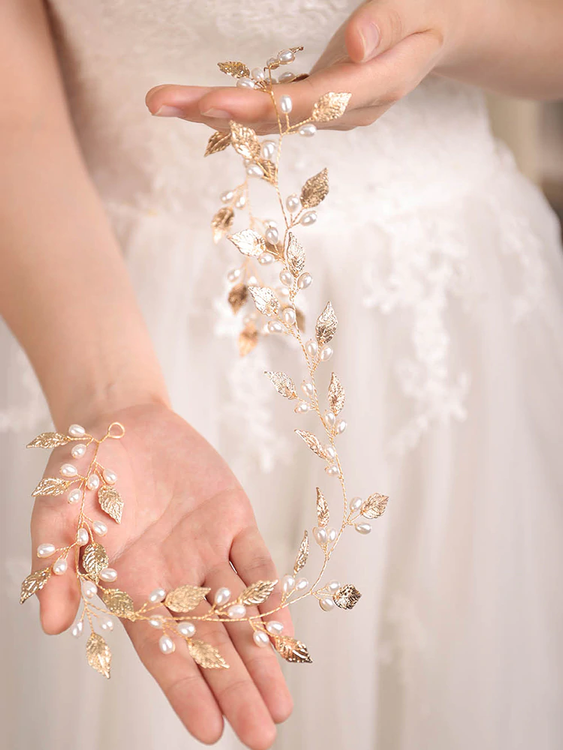 Wedding Hairpiece Gold Leaf Pearl 60cm