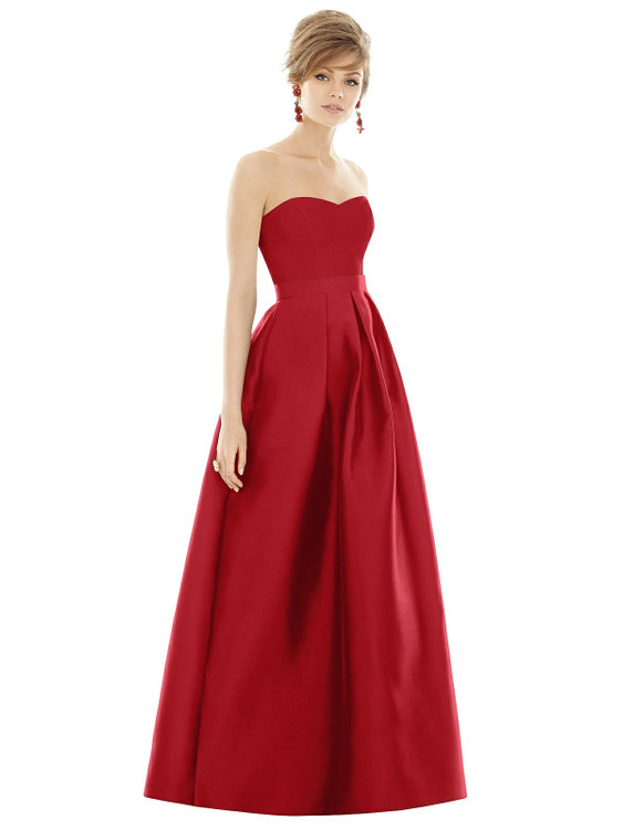 Strapless Pleated Skirt Maxi Dress with Pockets by Alfred Sung D755 in 36 colors in garnet