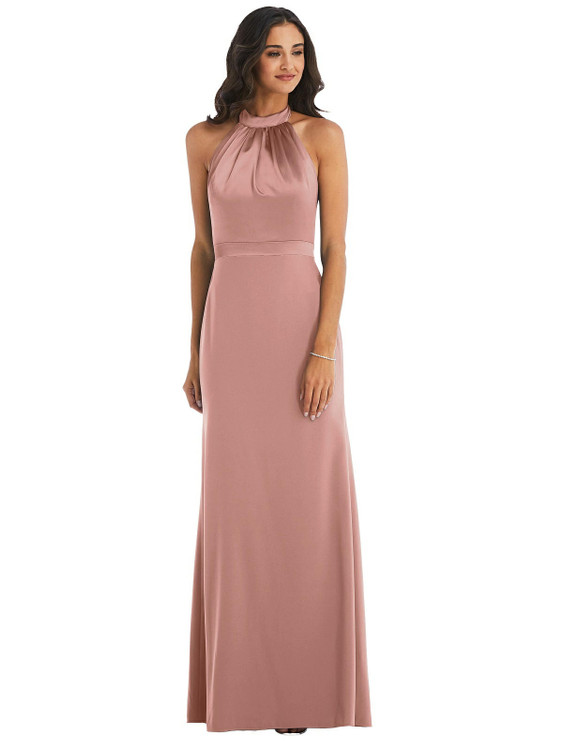High-Neck Open-Back Maxi Dress with Scarf Tie By After Six 6834 in 30 colors
