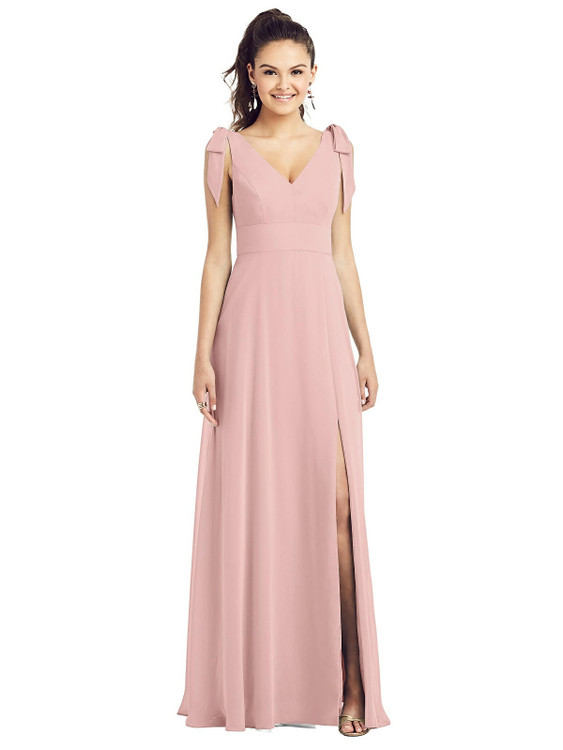 Bow-Shoulder V-Back Chiffon Gown with Front Slit by Thread Bridesmaid Style TH018 in 61 colors